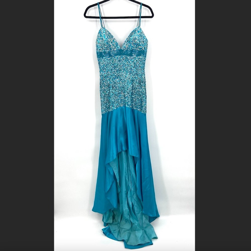 Sherri Hill Turquoise Sequin High-Low Evening Gown